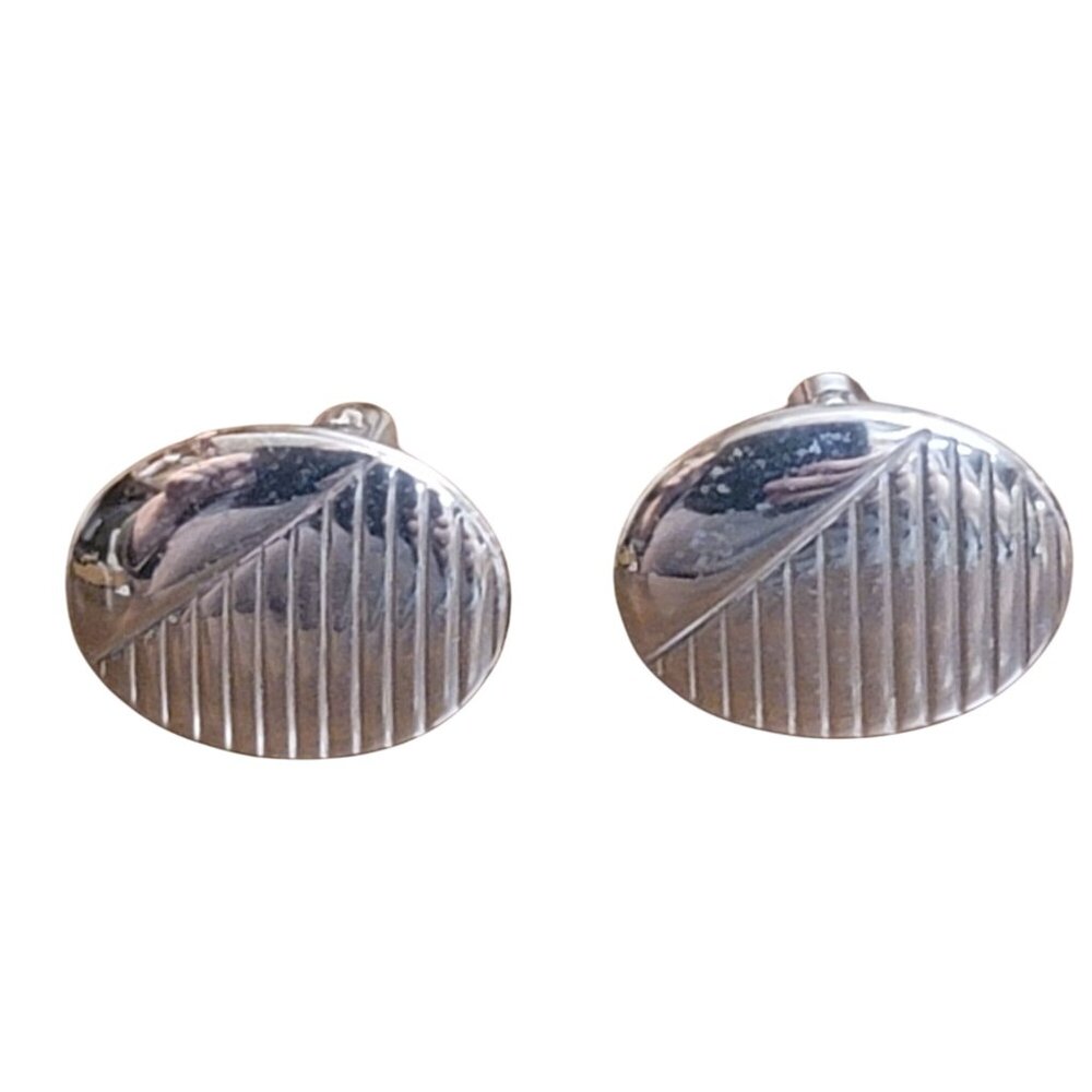 Vintage Hickok Silvertone Oval Cufflinks Diagonal Striped Mens Formal 1960s